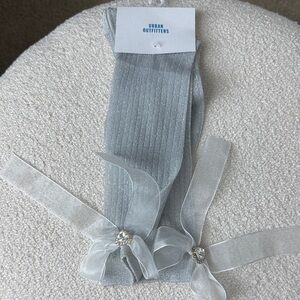 Urban Outfitters Metallic Silver Ribbon Socks with heart jewels- NWT